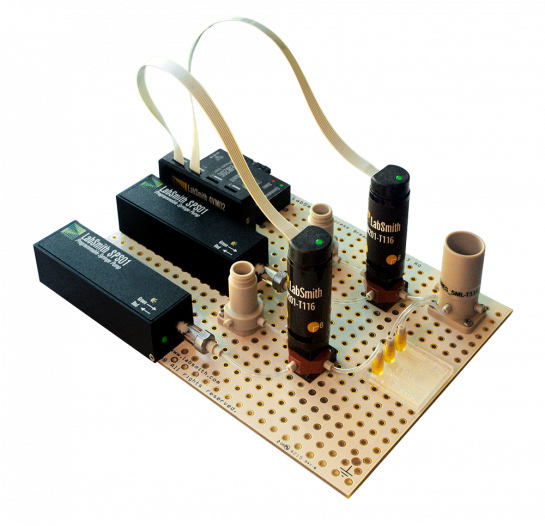 uProcess automated microfluidic 3-port valve AV201 on breadboard with SPS01 syringe pumps, breadboard reservoirs and other uProcess components