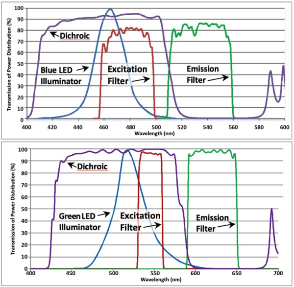 SVM340 EPI Spectral Specifications. Light transmitted vs. wavelength for light source and filters for EPI-­‐BLUE and EPI-­‐GREEN modules.
