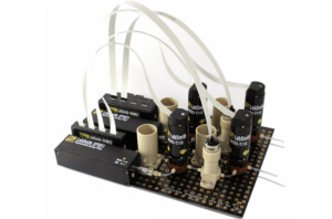 Image of Labsmith's flow controller kit, assembled onto a breadboard