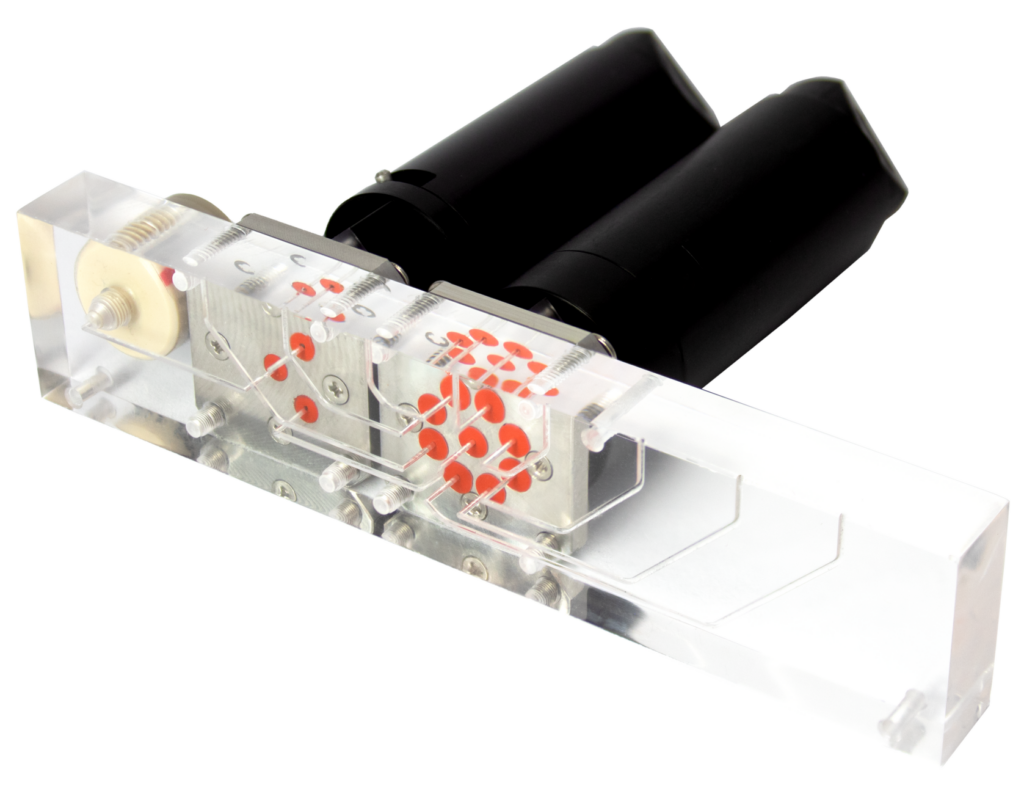 Two manifold-ready valves attached to a manifold. The view is of the manifold's base.