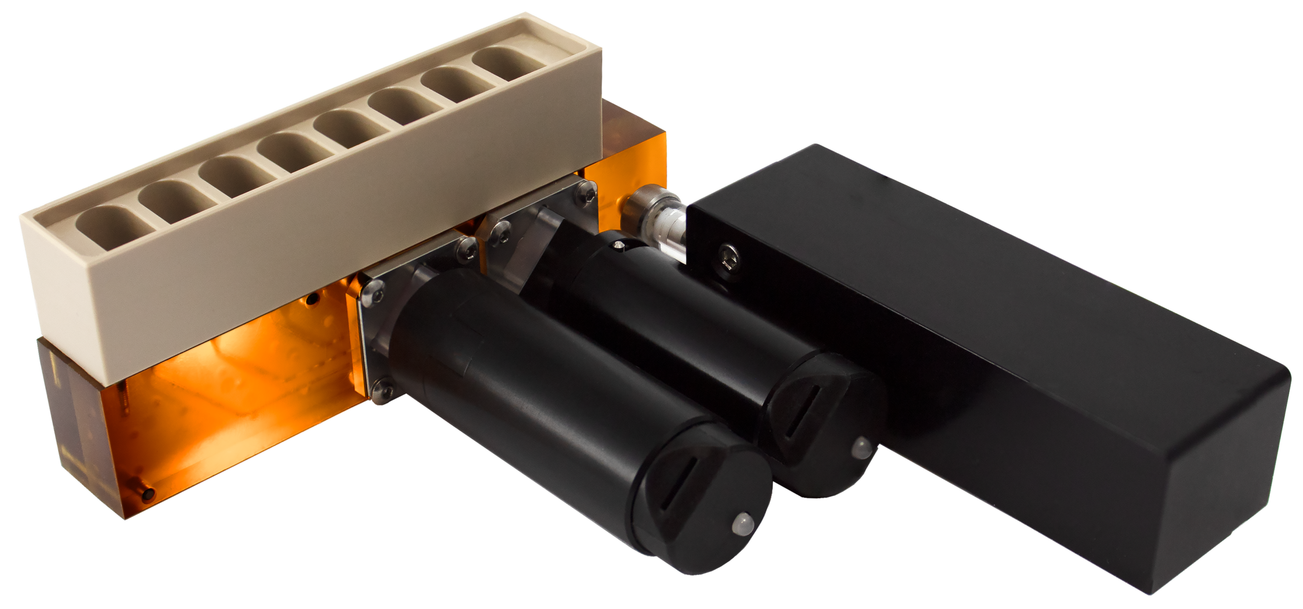 A photo of two LabSmith manifold-ready valves and a syringe pump mounted to a manifold with reservoirs on to.