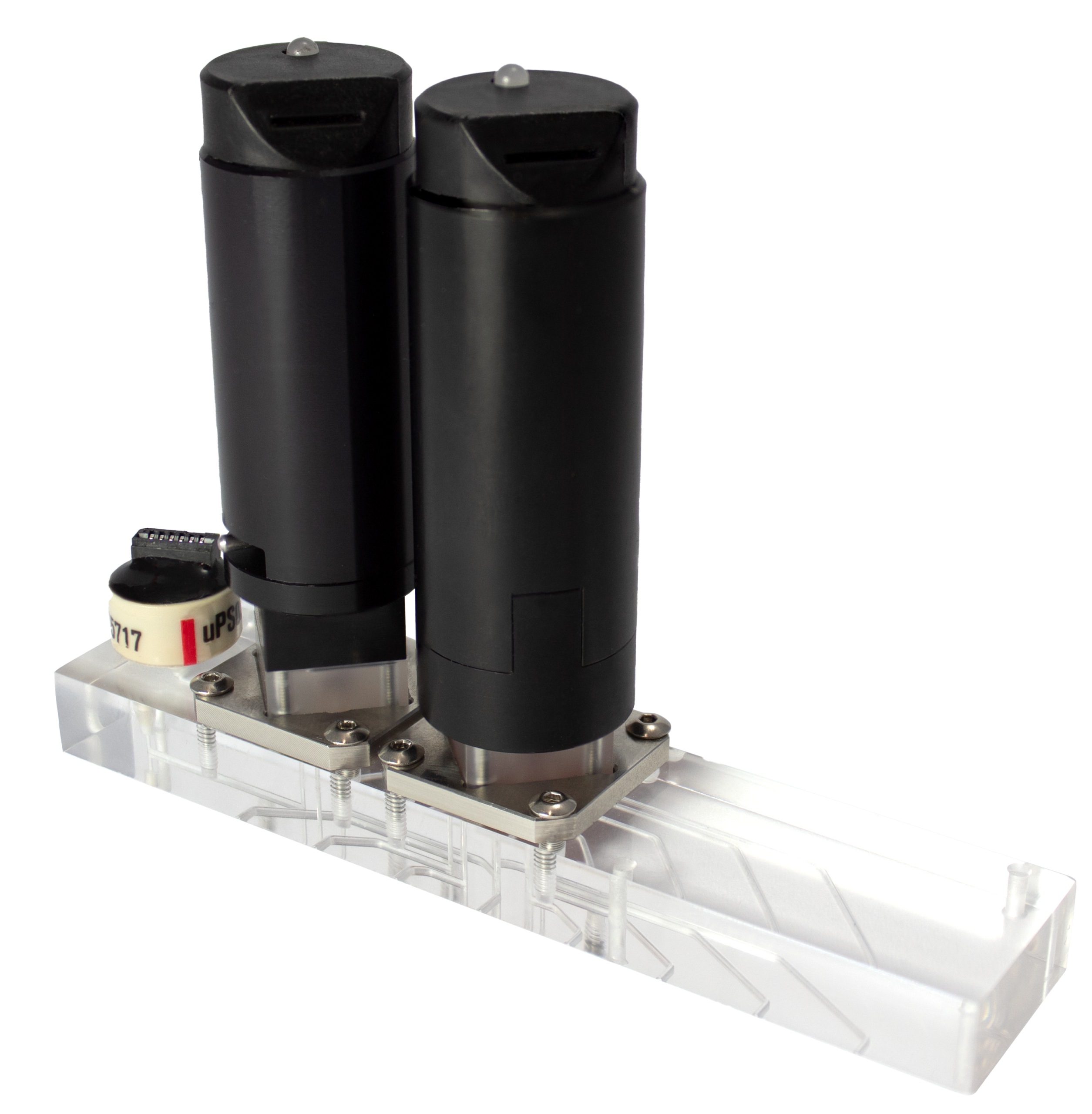 A photo of LabSmith's manifold-ready valves, mounted on a manifold.